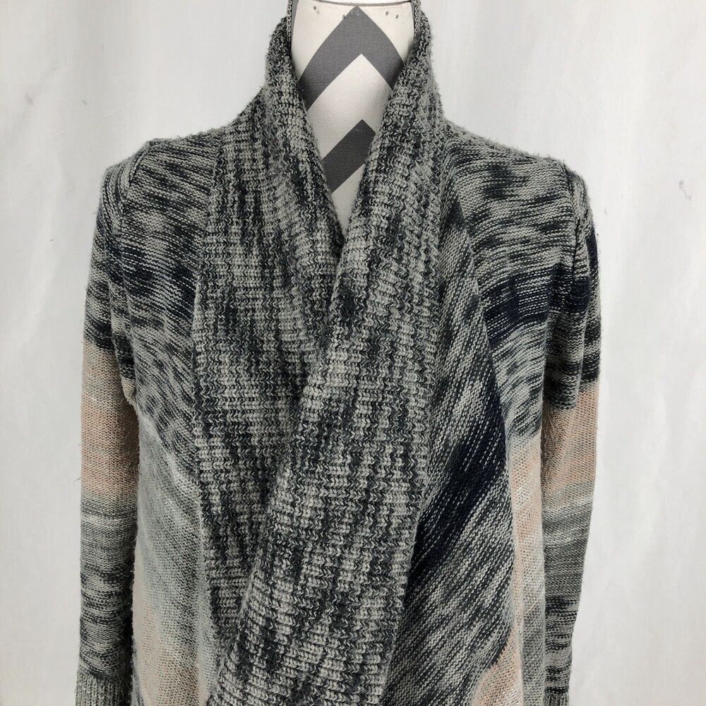 Knox Rose Cardigan Sweater Pink Gray Draped Fringed Knit Open Front Medium